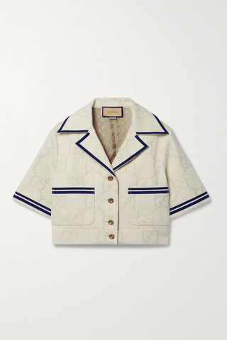 유럽직배송 구찌 GUCCI Love Parade cropped grosgrain-trimmed cotton-blend jacquard jacket 45666037504247480